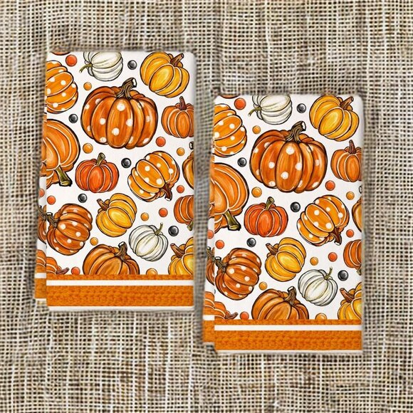 Pumpkin Kitchen Towels Autumn Fall Holiday Thanksgiving Halloween Cottage Decor - Picture 2 of 5